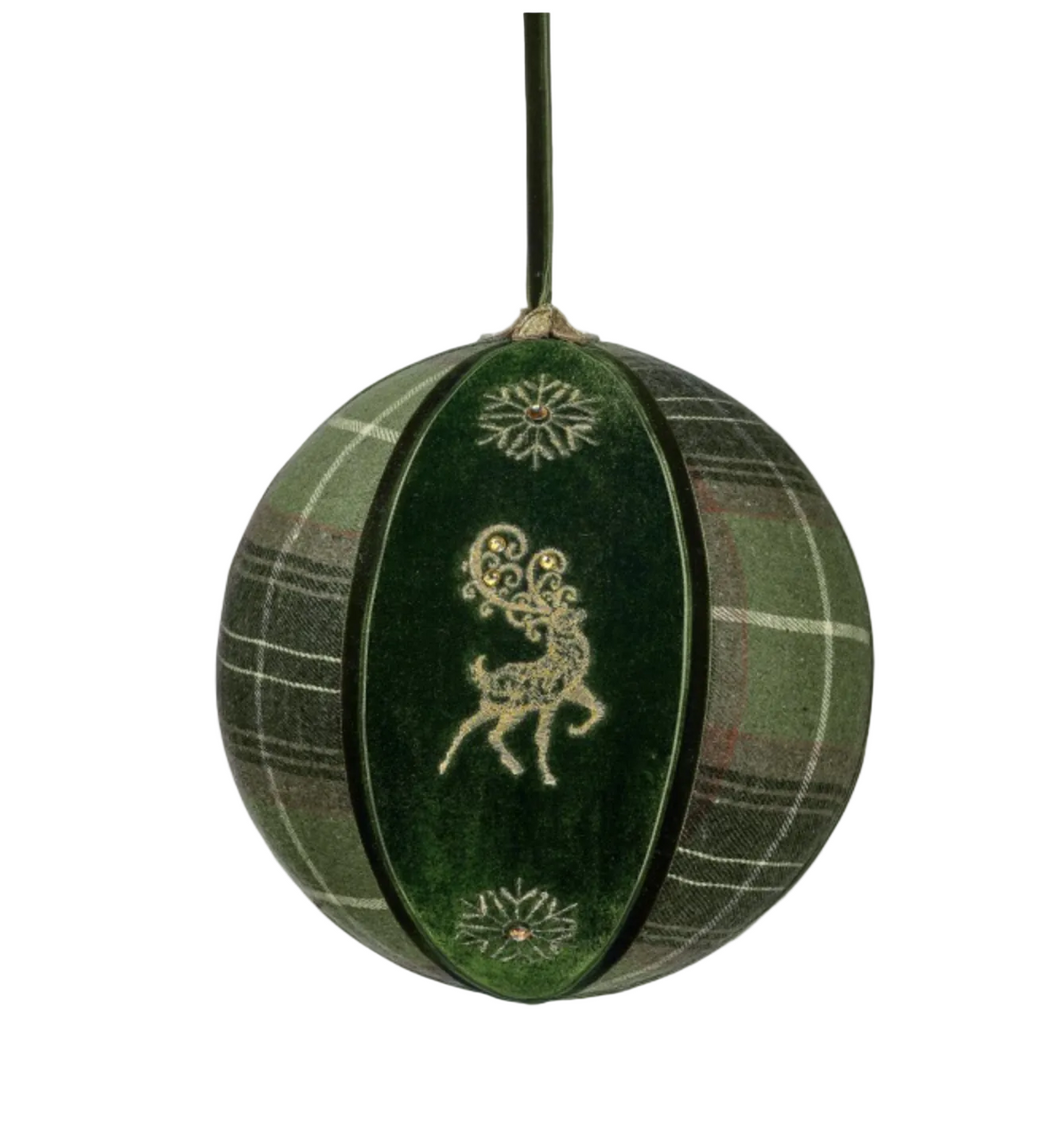 A green Christmas ornament shaped like a hanging bauble, featuring a dark green velvet center panel with a gold reindeer design, flanked by green plaid fabric panels, shown against a plain white background.