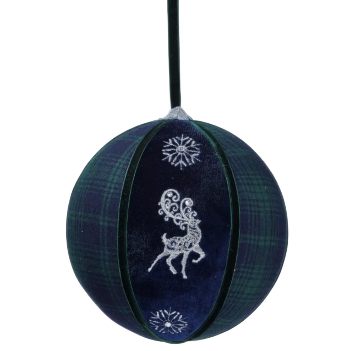 A spherical Christmas ornament with a dark green and navy plaid pattern, a central navy velvet band featuring a white embroidered reindeer, and white snowflake motifs. The ornament hangs from a black cord against a plain white background.