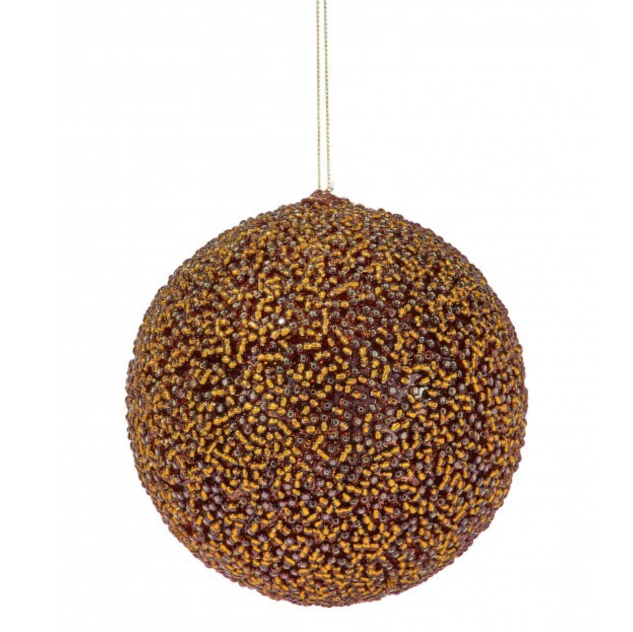 A spherical hanging ornament covered in dense brown and gold glitter-like beads, suspended by a thin gold string against a plain white background. A small dark gray circle in the top-right corner contains the word “NEW!” in yellow.