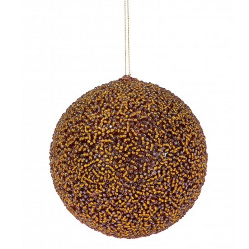 A spherical hanging ornament covered in dense brown and gold glitter-like beads, suspended by a thin gold string against a plain white background. A small dark gray circle in the top-right corner contains the word “NEW!” in yellow.