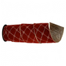 A red velvet cylindrical sleeve or cover with a diamond lattice pattern of metallic cord and a brown fabric end, shown on a plain white background.