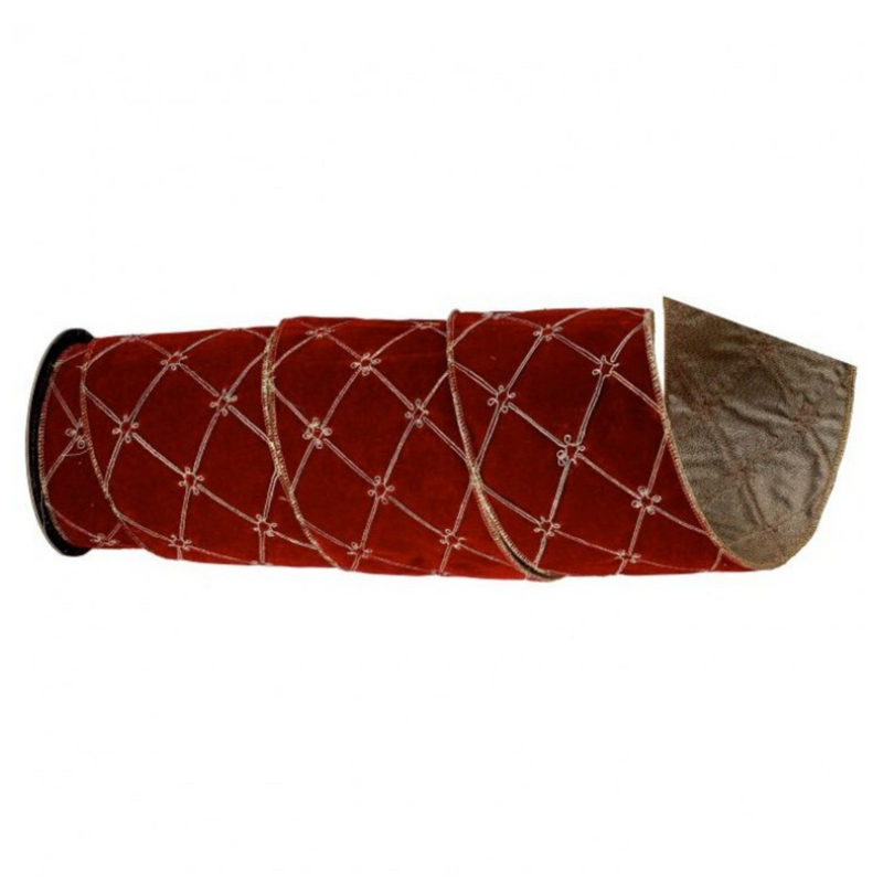 A red velvet cylindrical sleeve or cover with a diamond lattice pattern of metallic cord and a brown fabric end, shown on a plain white background.