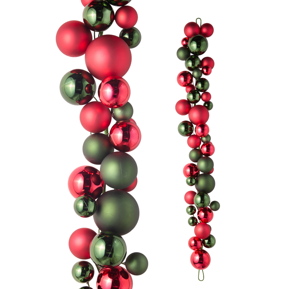 Two strands of glossy Christmas bauble garlands on a plain white background, featuring metallic red and dark green spheres.
