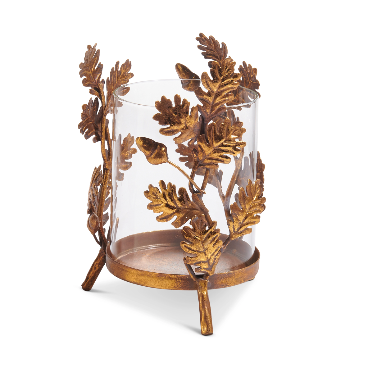 A decorative candle holder featuring a clear glass cylinder surrounded by ornate bronze-finished oak leaf and acorn motifs on a white background.