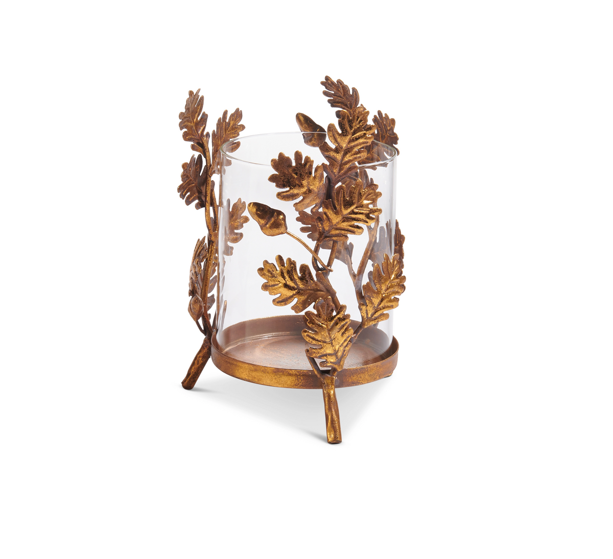 A decorative candle holder featuring a clear glass cylinder surrounded by ornate bronze-finished oak leaf and acorn motifs on a white background.