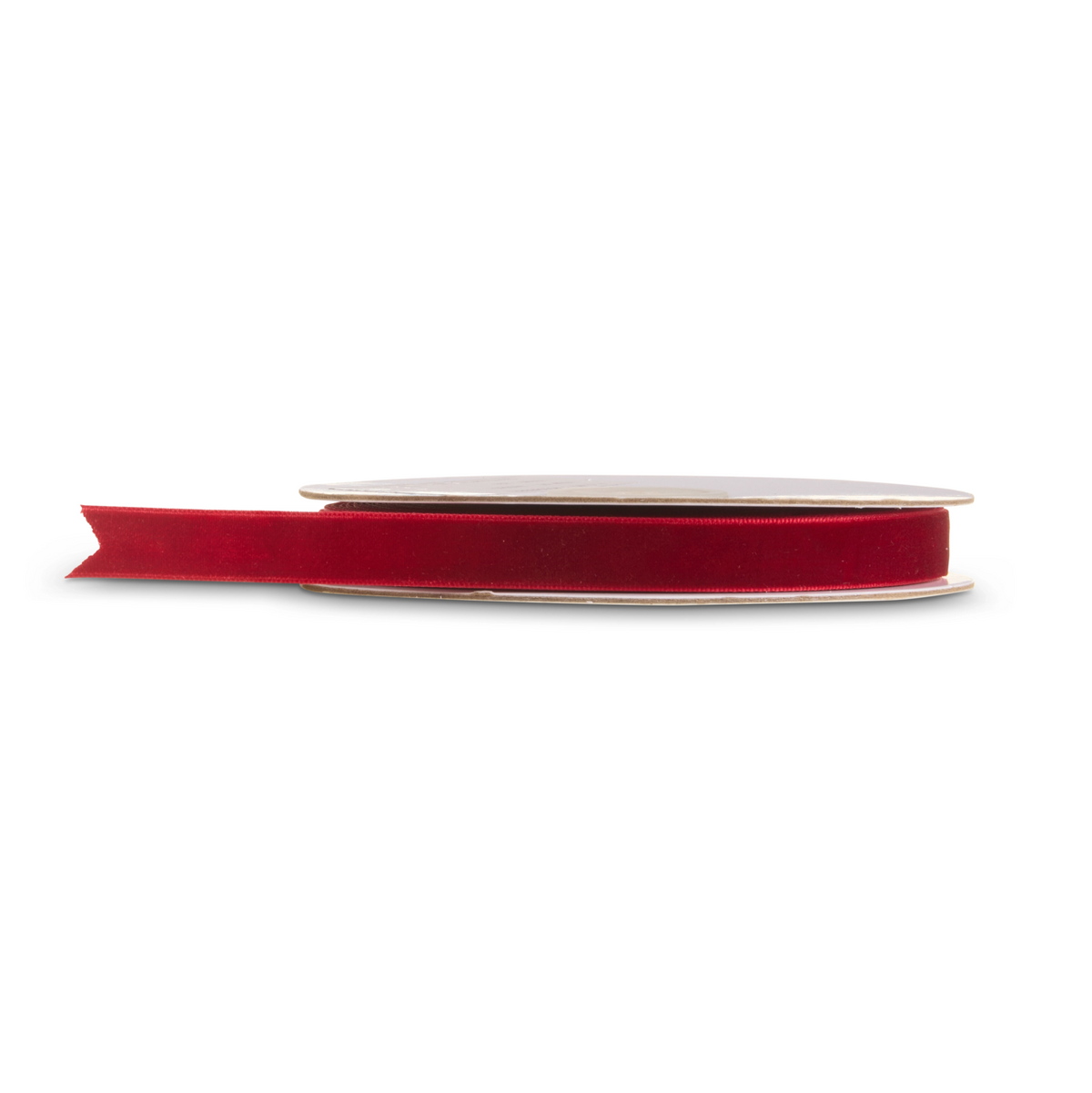 A spool of red ribbon on a plain white background.
