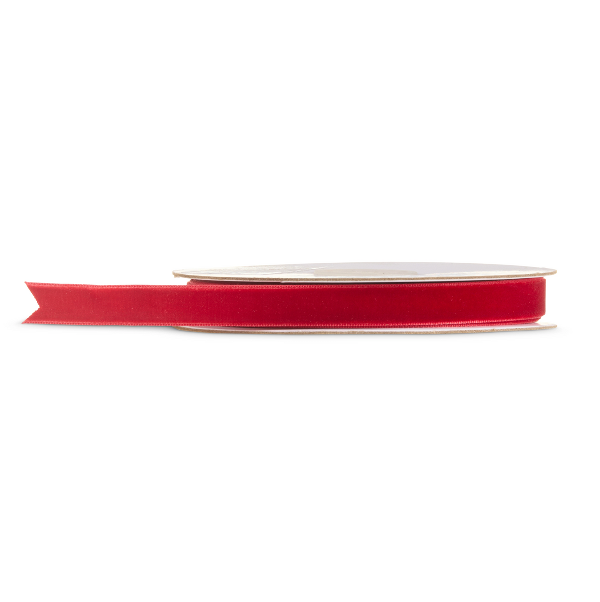 A roll of bright red ribbon with a single strip unspooled, shown against a plain white background.