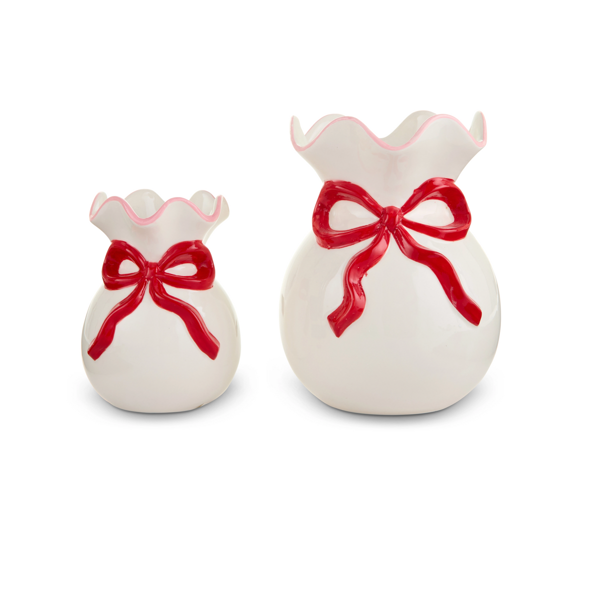 Two white ceramic vase-like containers with scalloped rims and glossy red ribbon-bow details, shown on a clean white background.