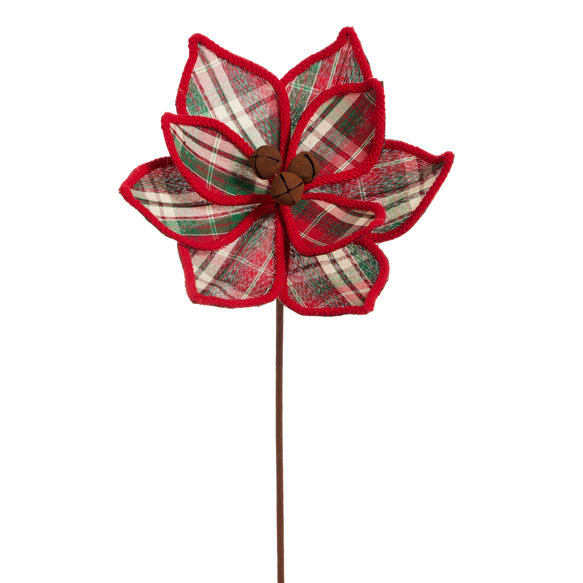 A decorative fabric poinsettia flower on a long brown stem, featuring red, green, and beige plaid petals with a red stitched border and a brown faux-wood bead center.
