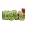 A roll of green velvet ribbon with a red, green, and yellow plaid pattern visible on the inner side, shown on a plain white background with a small 'NEW!' badge in the top right corner.