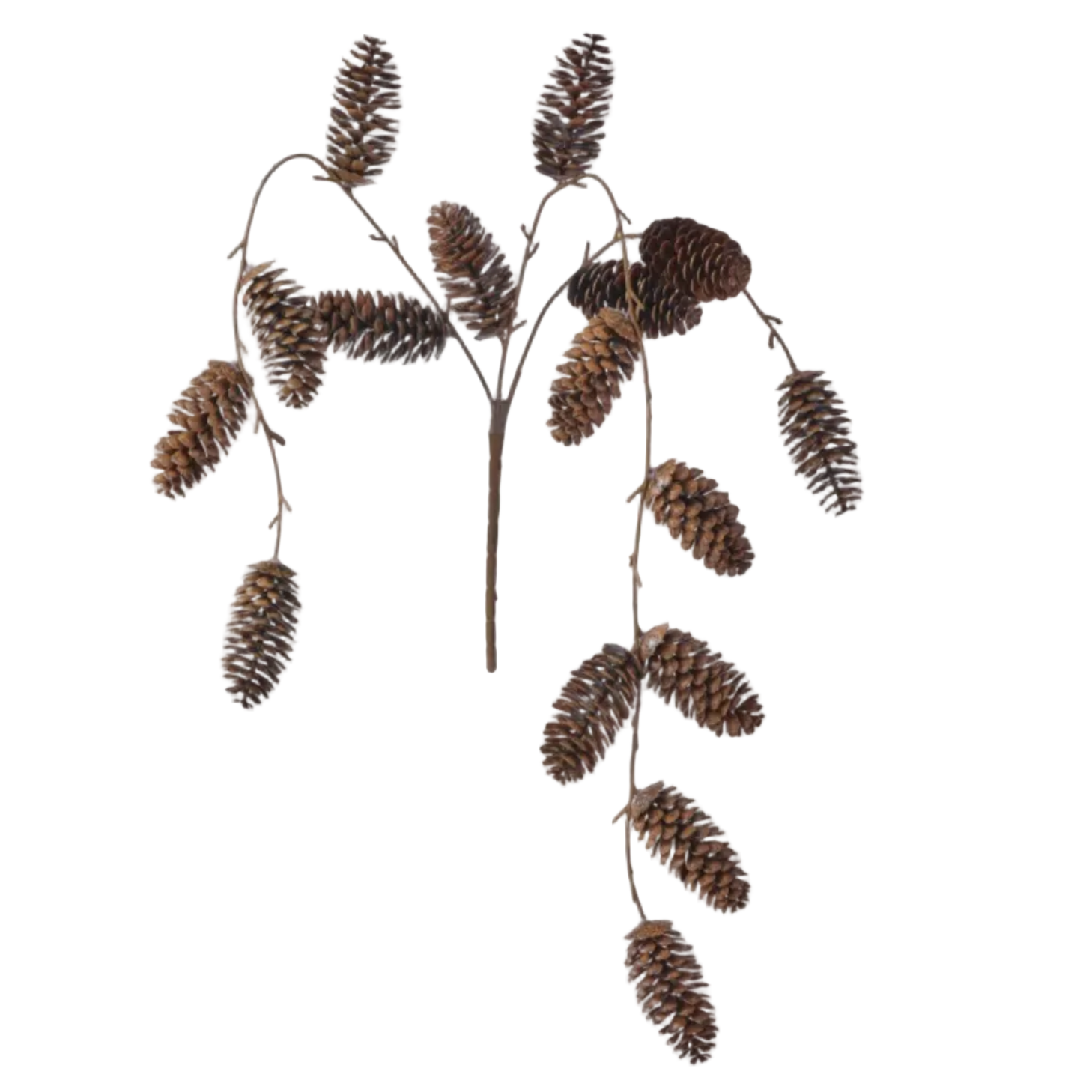 A decorative artificial pine branch with multiple brown pinecones and slender stems on a plain white background, with a small dark gray circular 'NEW!' badge in the top-right corner.