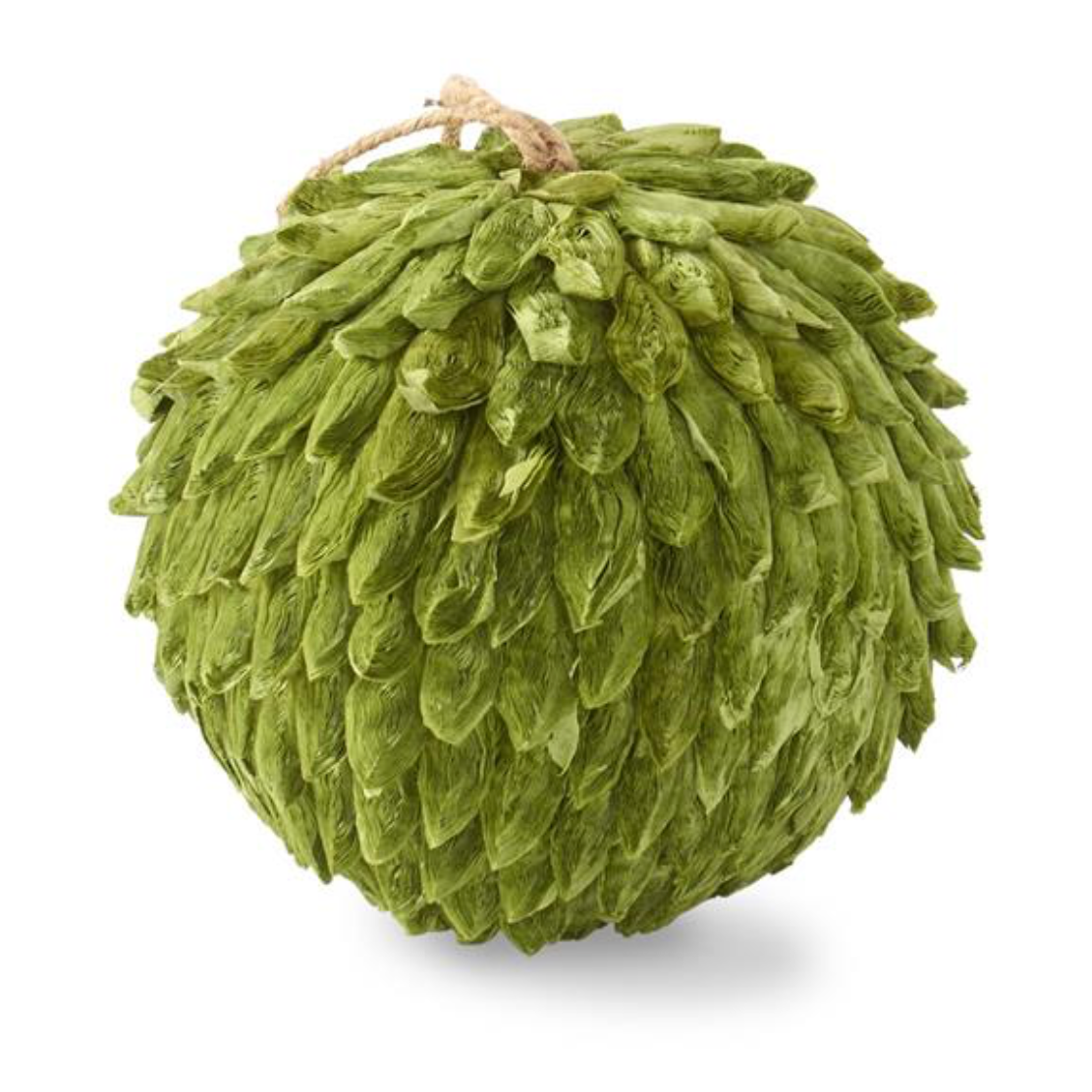 A green textured decorative ball with a hanging loop, photographed on a clean white background.