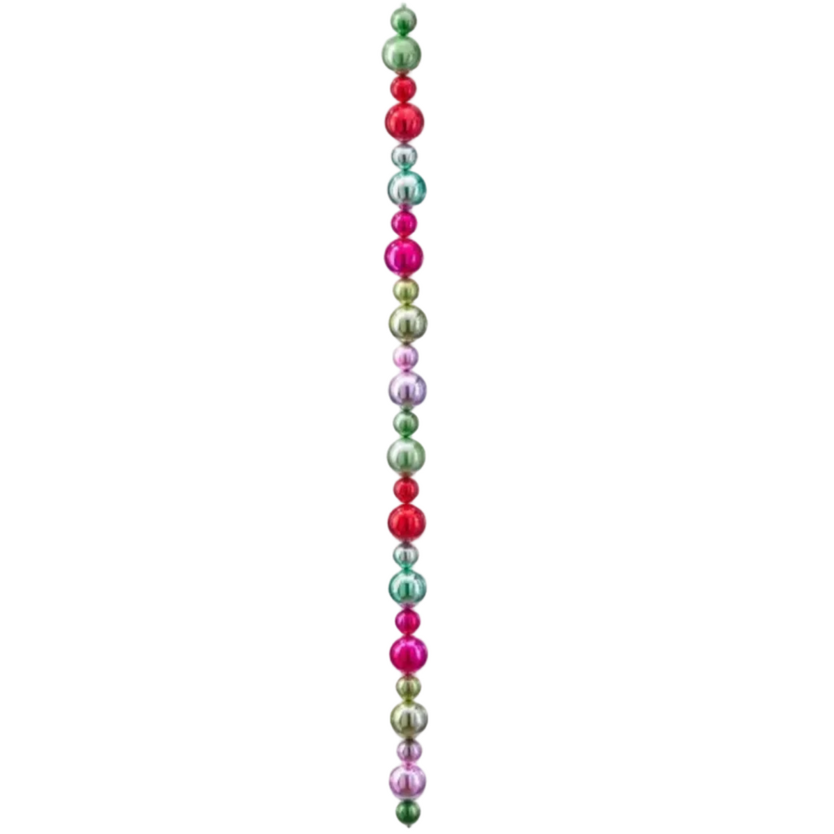 A vertical string of glossy, translucent Christmas baubles in assorted colors including green, red, pink, teal, and lavender, shown on a plain white background with a small 'NEW!' badge in the top right corner.