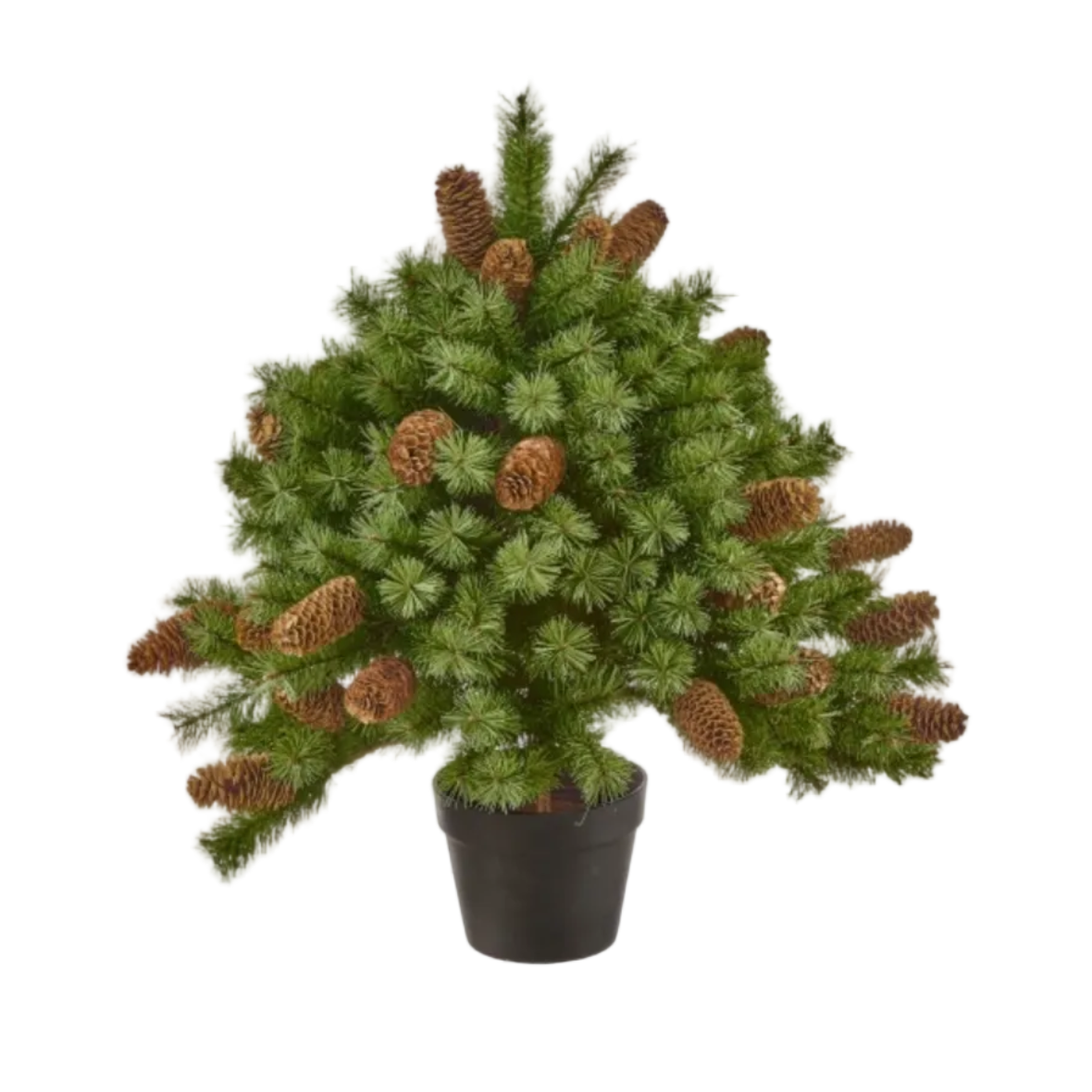 An artificial Christmas tree with green pine needles and brown pinecones, potted in a black plastic nursery pot against a white background.