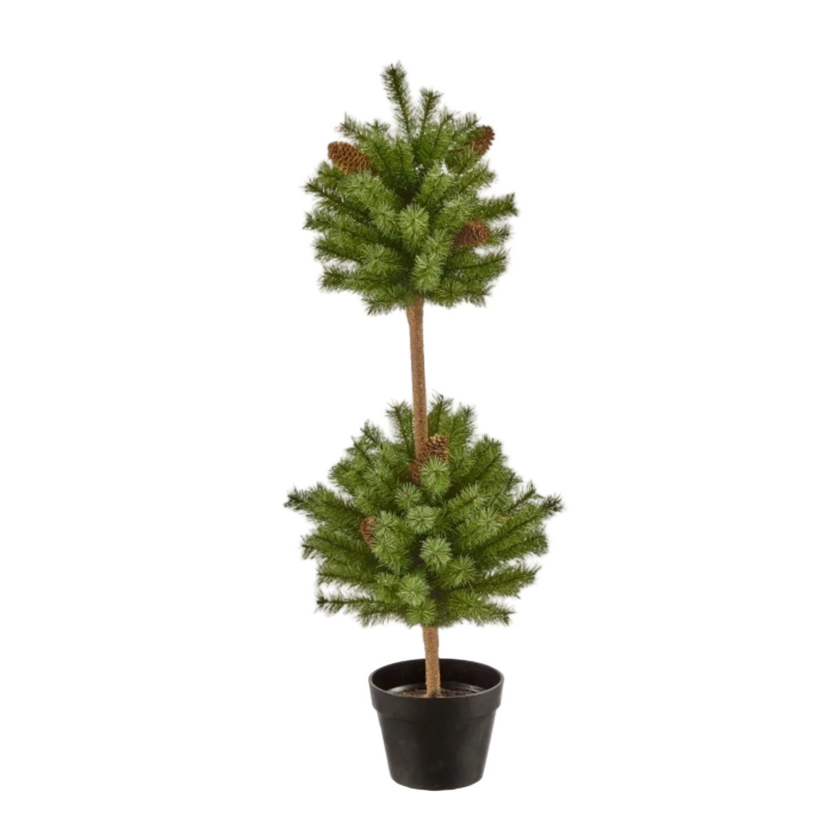 An artificial double-tiered Christmas tree with green pine needles and small brown pinecones, potted in a simple black plastic pot against a white background.