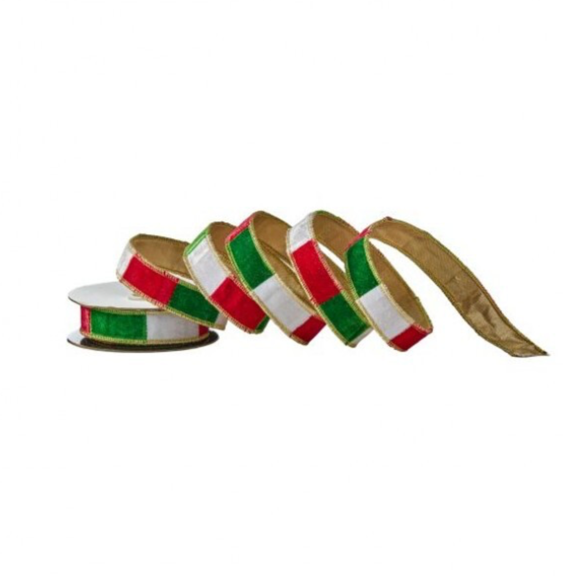 A roll of decorative ribbon with alternating red, green, and white stripes, partially unrolled to show its gold-toned backing, set against a plain white background.