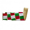 A roll of decorative ribbon with alternating red, white, and green stripes and a gold edge, shown on a plain white background.