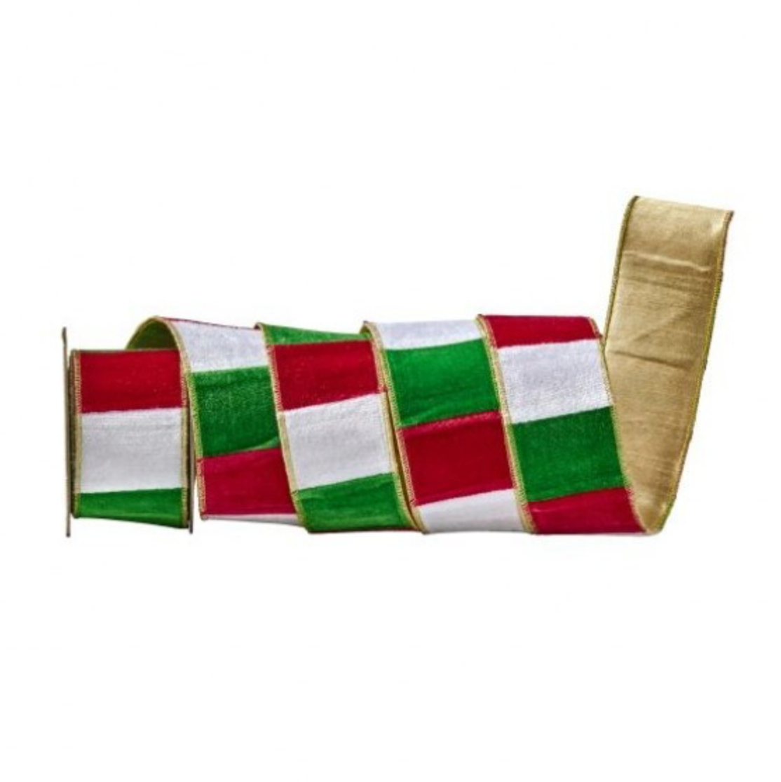 A roll of decorative ribbon with alternating red, white, and green stripes and a gold edge, shown on a plain white background.