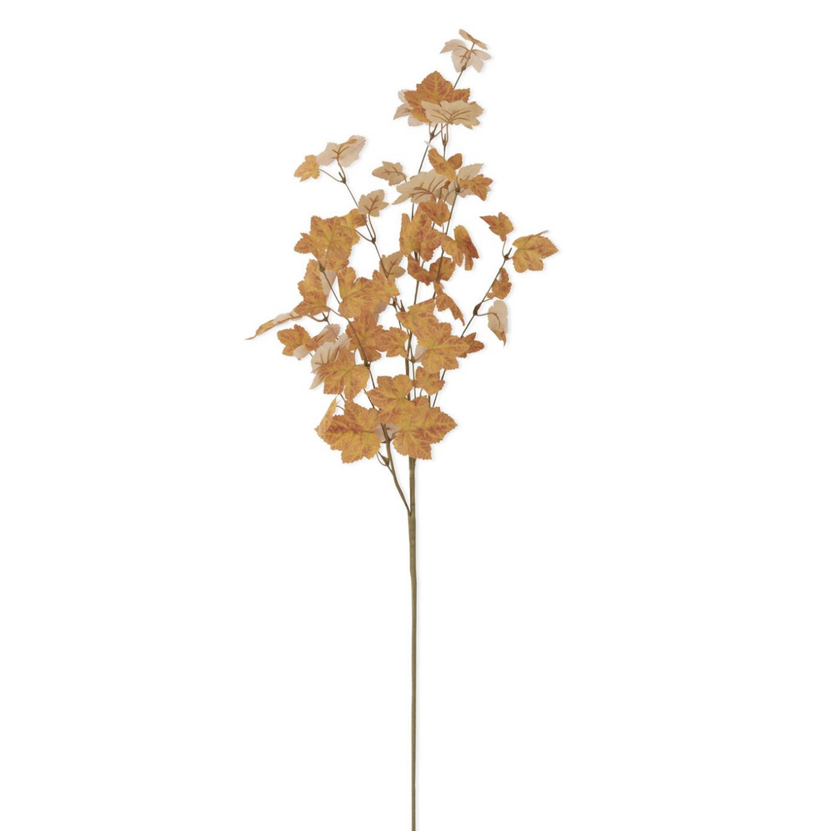 An artificial autumn maple leaf stem with golden-brown and beige leaves on a thin brown stem, isolated on a white background.