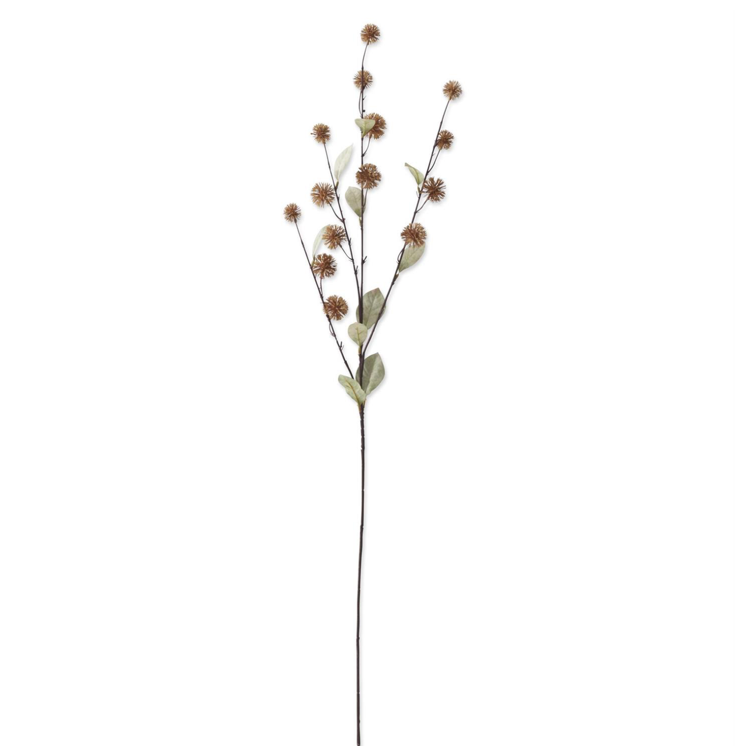 An artificial decorative floral stem with small brown seed heads, muted green leaves, and a long dark stem on a plain white background.