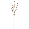 An artificial decorative floral stem with small brown seed heads, muted green leaves, and a long dark stem on a plain white background.