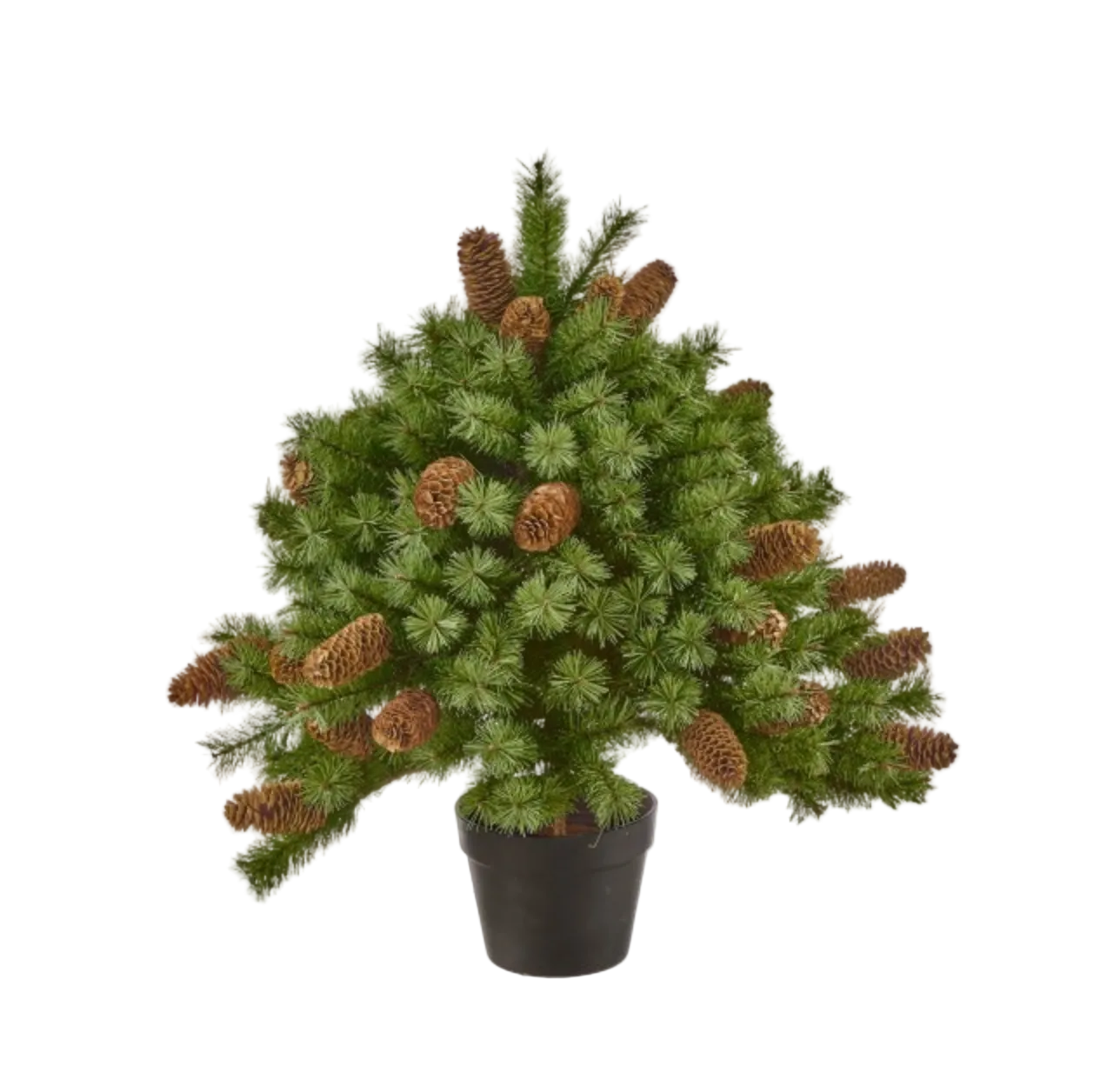An artificial Christmas tree in a black pot, featuring green pine needles and brown pinecones, isolated on a white background.