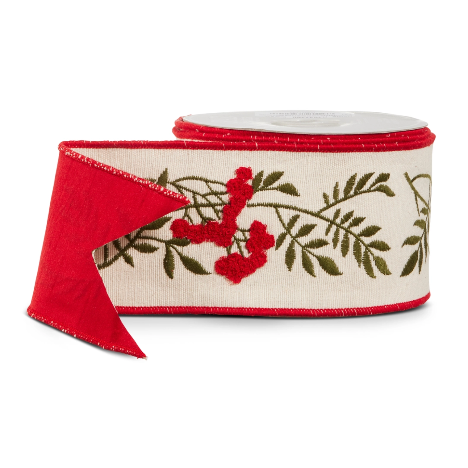 A roll of holiday-themed grosgrain ribbon with a cream center, red borders, and embroidered green leaves and red berries, shown on a white background.