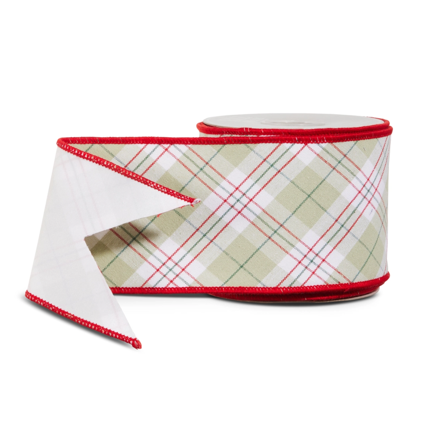 A roll of ribbon with a white and beige plaid pattern, accented with thin red lines, and finished with a bright red stitched edge.