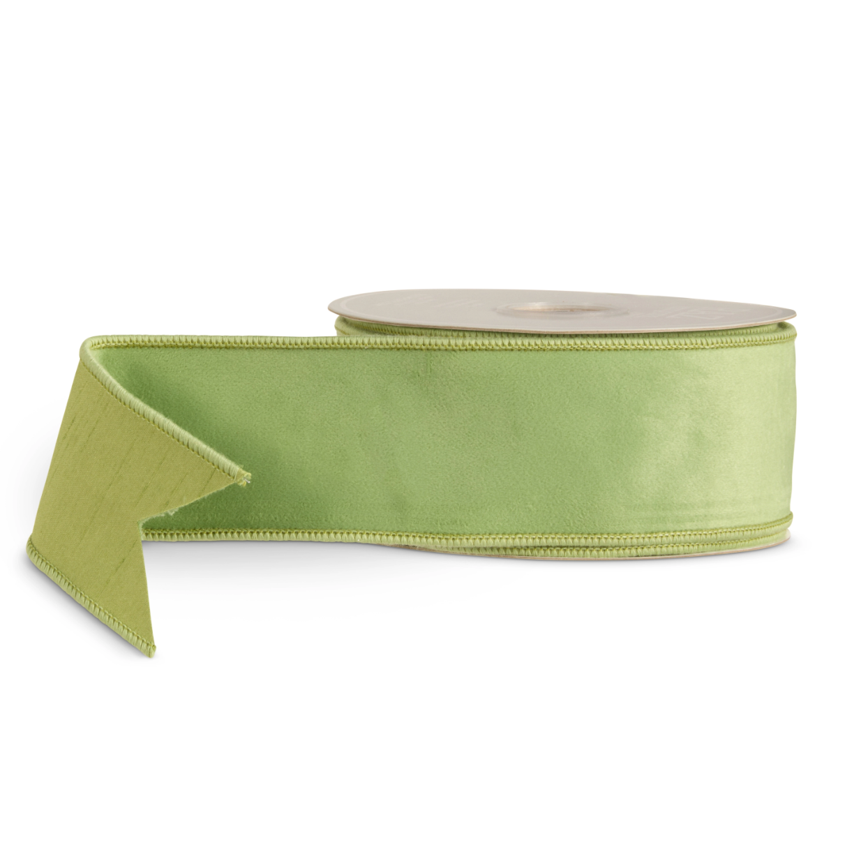 A roll of light green satin ribbon with a single layer, partially unrolled to show its texture and edge, set against a plain white background.