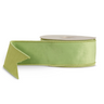 A roll of light green satin ribbon with a single layer, partially unrolled to show its texture and edge, set against a plain white background.