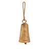 A rustic, antique-style brass bell with a hanging rope, shown against a plain white background.
