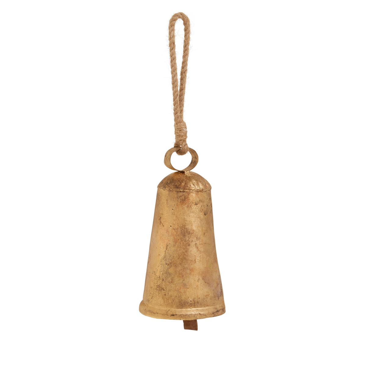 A rustic, antique-style brass bell with a hanging rope, shown against a plain white background.