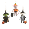 Three small Halloween plush ornaments hanging against a plain white background: a green mouse dressed as a witch with a broom and pumpkin, a pink mouse dressed as a jack-o'-lantern, and a white mouse dressed as a skeleton holding pumpkins.