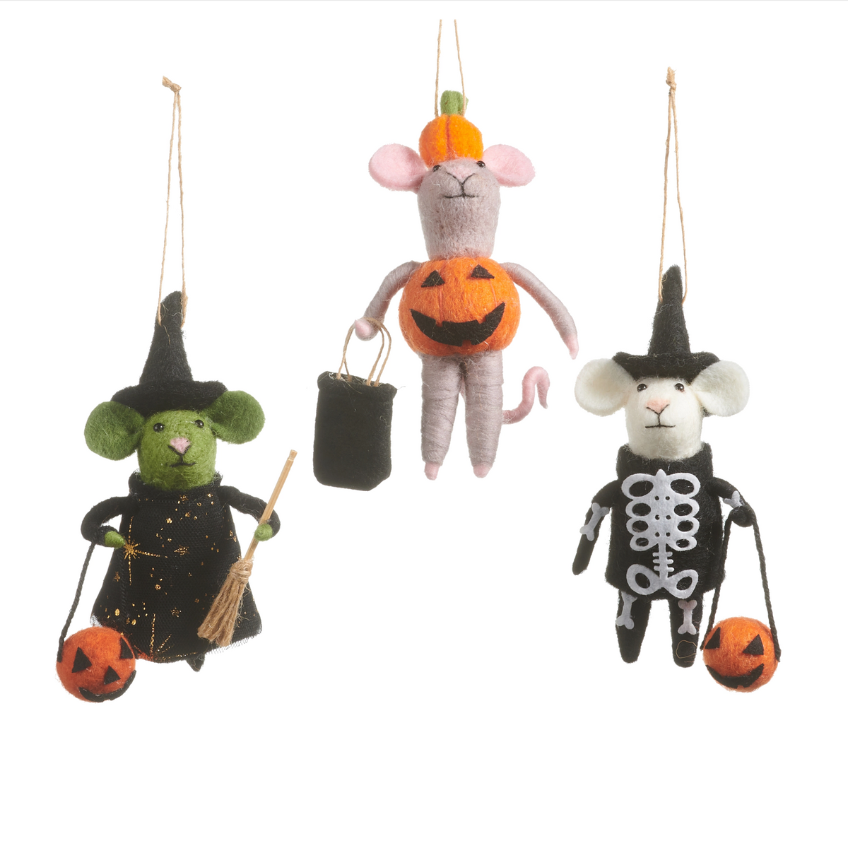 Three small Halloween plush ornaments hanging against a plain white background: a green mouse dressed as a witch with a broom and pumpkin, a pink mouse dressed as a jack-o'-lantern, and a white mouse dressed as a skeleton holding pumpkins.
