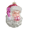 A festive Christmas ornament shaped like Santa Claus's face, featuring a glossy pink hat with white fur trim, a white beard, and a pink bubblegum bubble, set against a plain white background.