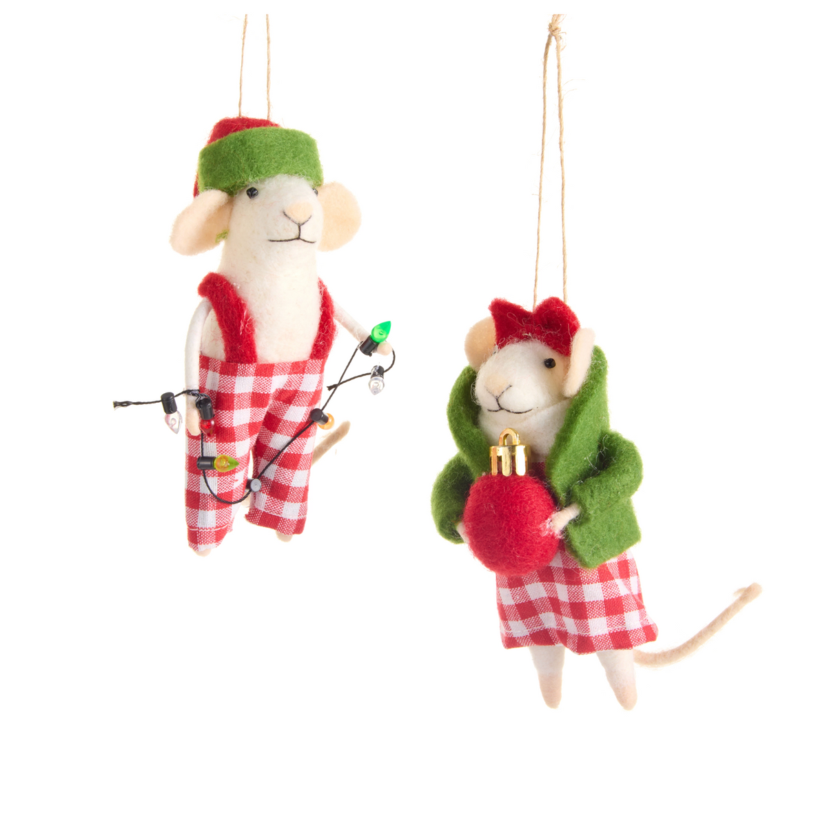 Two Christmas hanging ornaments on a white background: a felt sheep dressed in green and red gingham with a small string of lights, and a felt mouse wearing a green coat, red bow, and red gingham skirt holding a red apple with a gold bell.