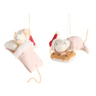 Two small plush mouse ornaments hanging against a plain white background. Each mouse is cream-colored with embroidered closed eyes, wearing pink knit clothing and a red Santa hat, with one lying in a pink stocking and the other resting on a brown marshmallow.