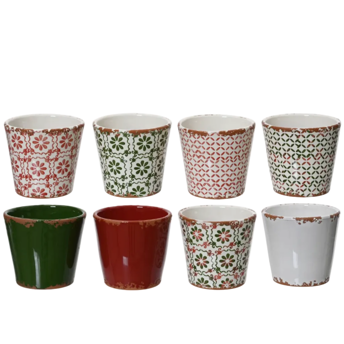 Eight ceramic cups arranged in two rows on a white background, featuring various hand-painted floral and geometric patterns in red, green, brown, and white.