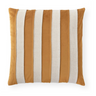 A square decorative throw pillow featuring alternating vertical stripes of warm mustard yellow velvet and textured off-white linen, shown against a plain white background.