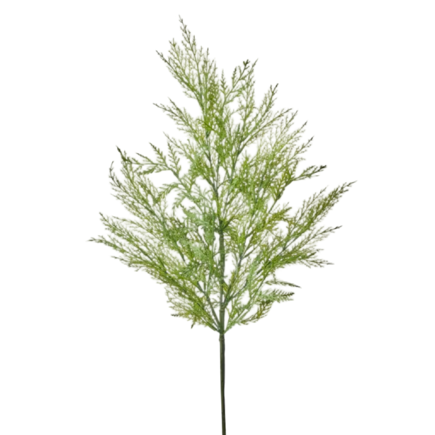 An artificial green grassy tree branch with fine needle-like leaves on a long central stem, shown against a plain white background.