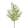 An artificial green grassy tree branch with fine needle-like leaves on a long central stem, shown against a plain white background.