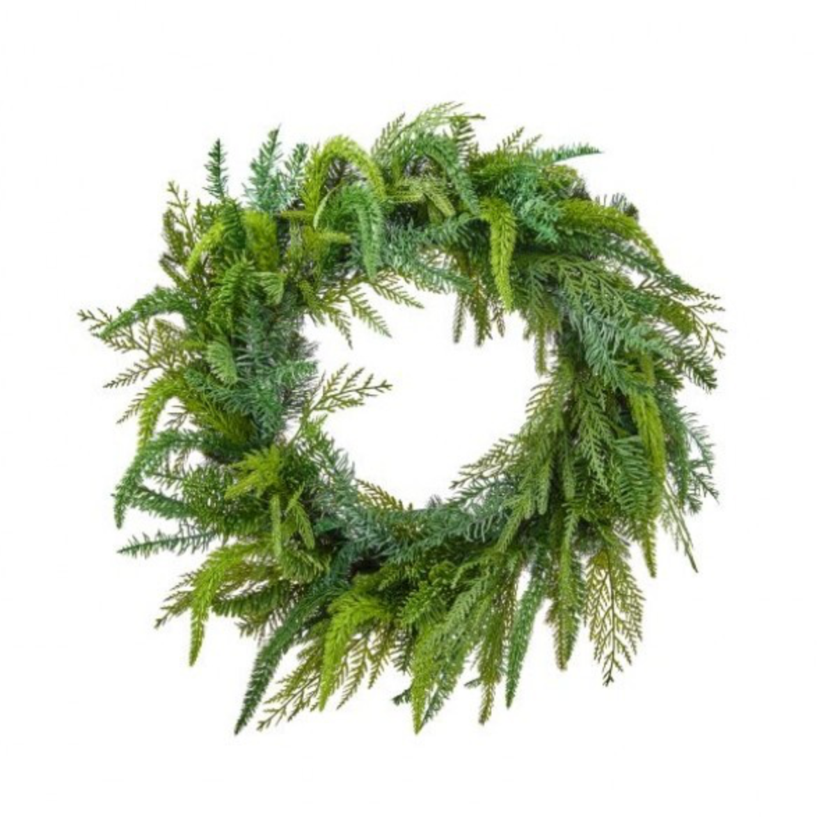 A green artificial pine wreath with layered, textured needles, isolated on a solid white background.