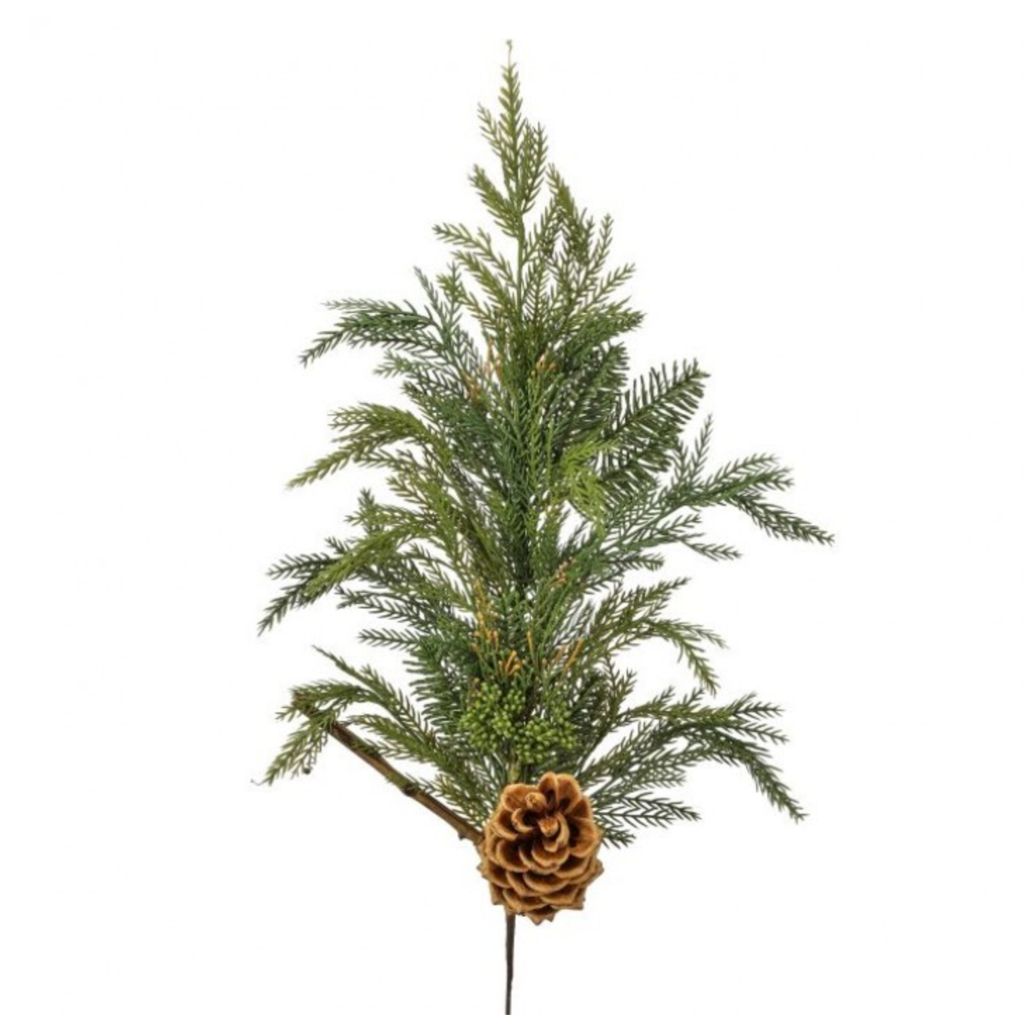 An artificial green pine branch with a brown pinecone accent at the bottom, isolated on a white background.