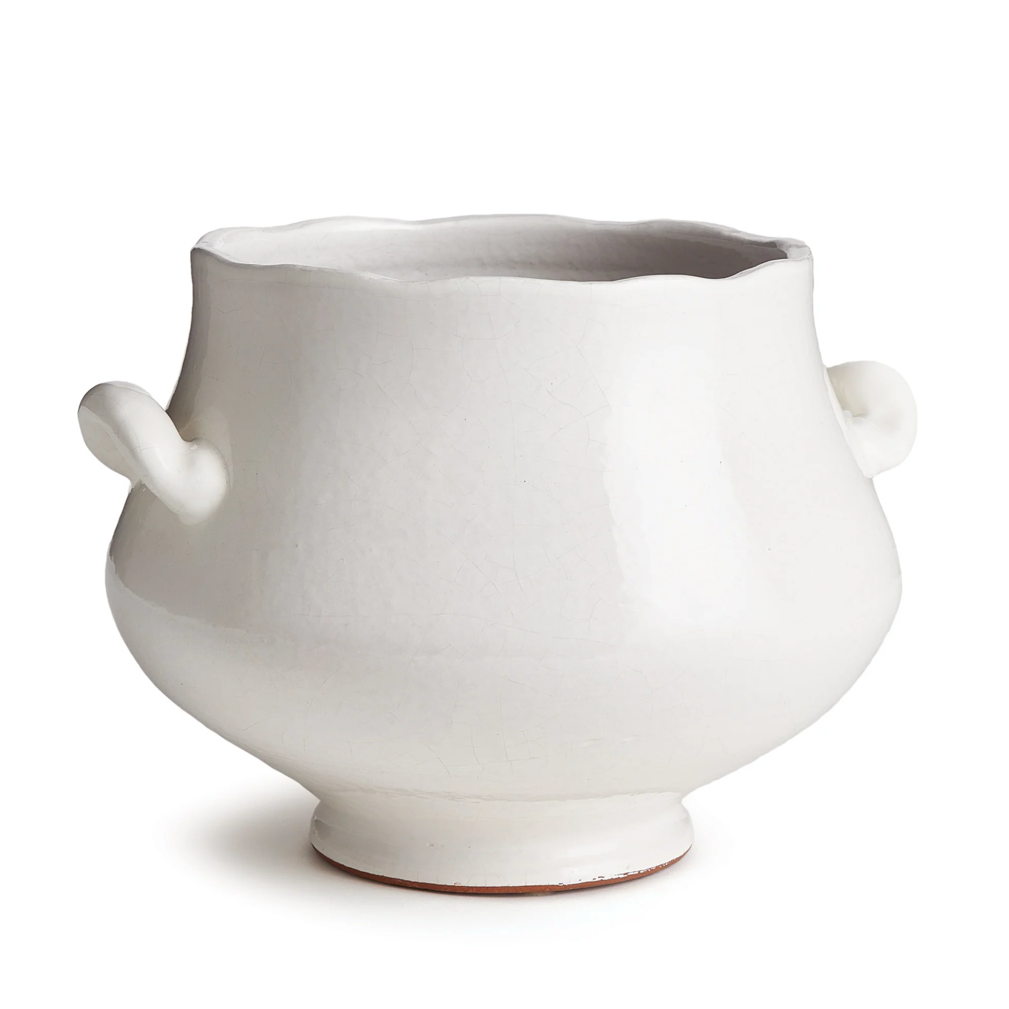 A white ceramic pot with a scalloped rim, two small loop handles, and a small footed base, photographed on a clean white background.