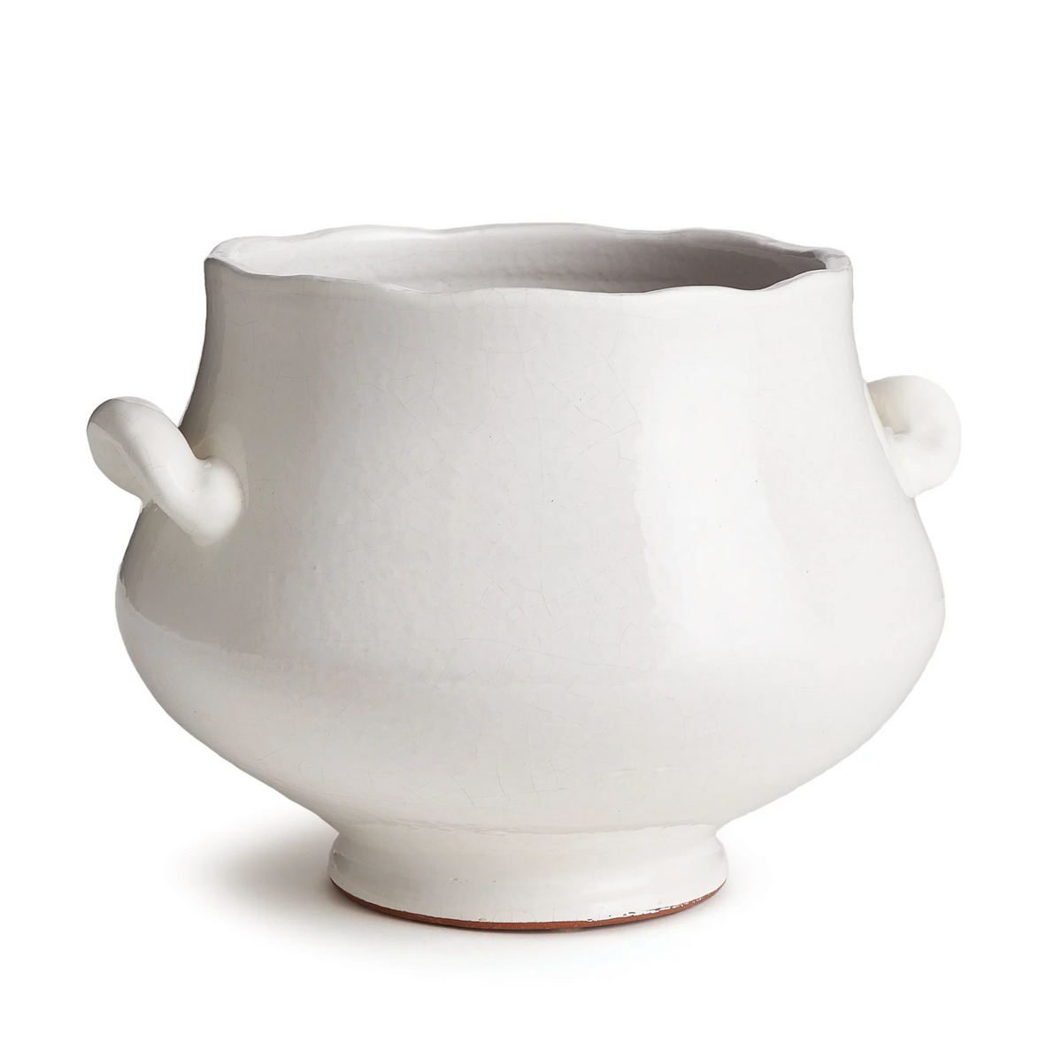 A white ceramic pot with a scalloped rim, two small loop handles, and a small footed base, photographed on a clean white background.