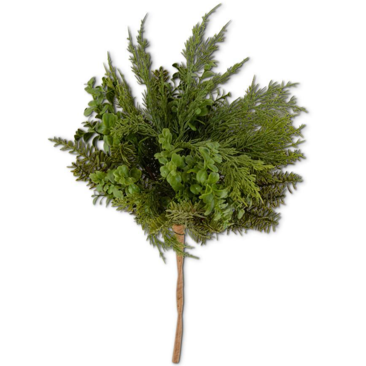An artificial green foliage bundle with mixed pine and boxwood-style branches on a light brown stem, isolated on a white background.