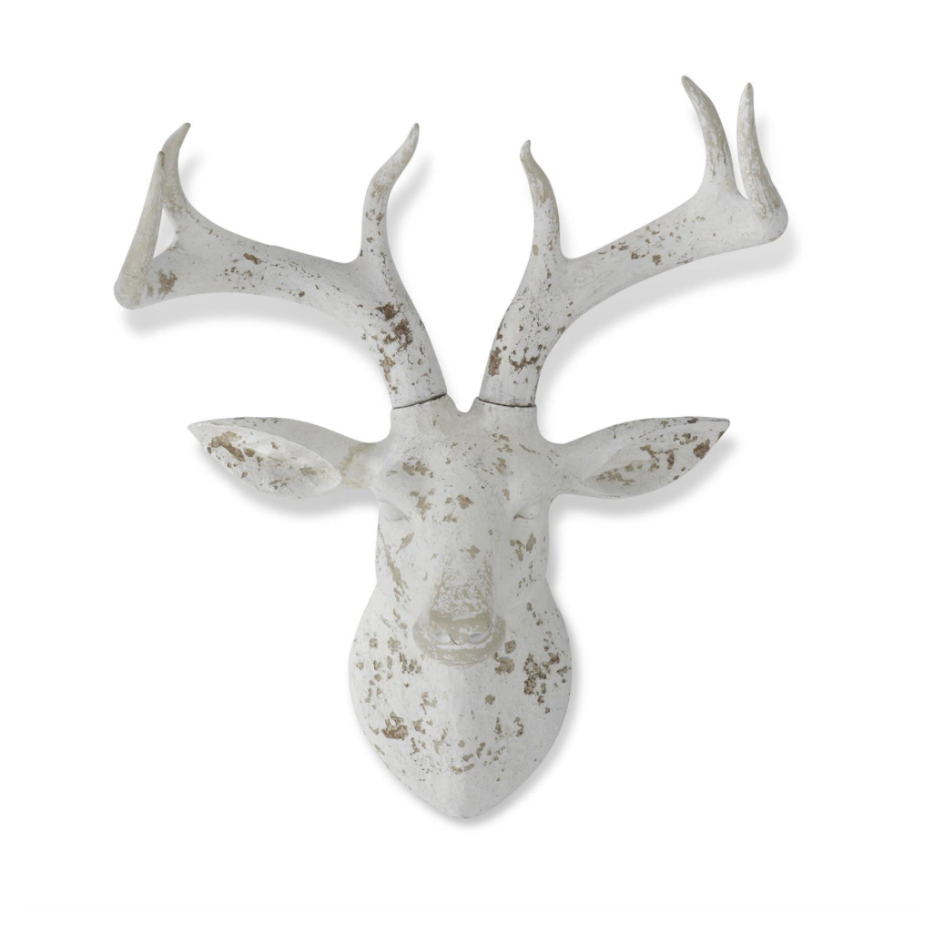 A distressed white faux-stone deer head wall mount with brown speckled detailing and large antlers, shown against a plain white background.