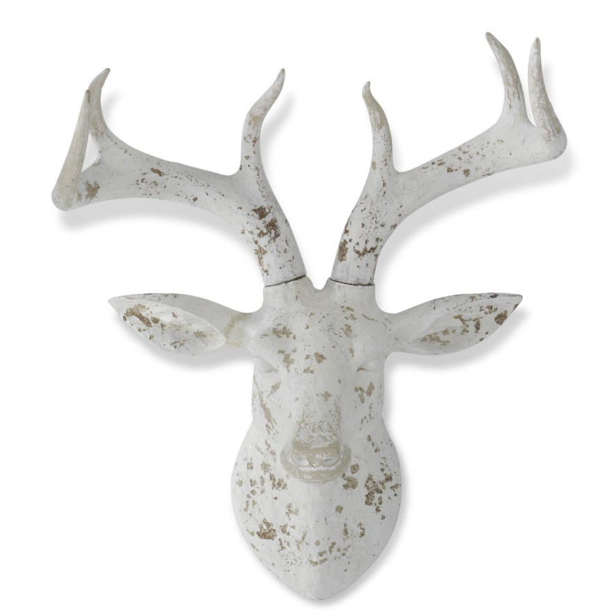 A distressed white faux-stone deer head wall mount with brown speckled detailing and large antlers, shown against a plain white background.