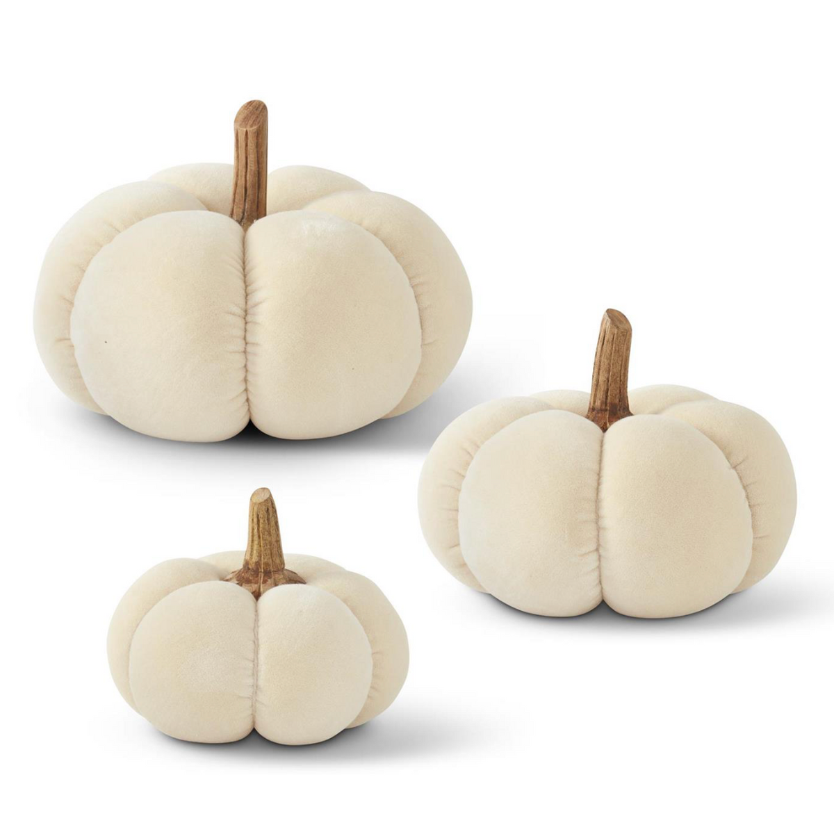 Three plush decorative pumpkins in cream-colored fabric with brown faux-wood stems, arranged on a clean white background.