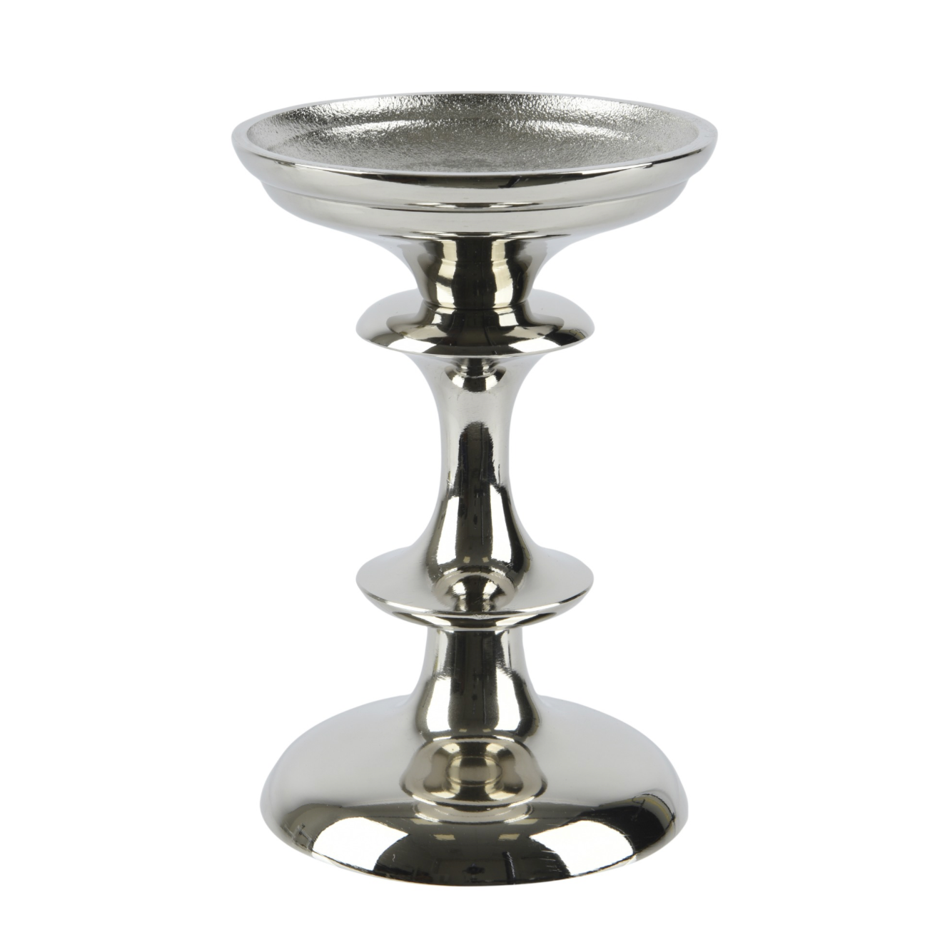 A polished silver metal candle holder with a tiered pedestal design and a wide circular base, shown on a plain white background.